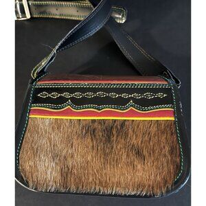 Columbian Carriel Crossbody Handbag Black Red Cowhide Hair Leather Bag Small Vtg